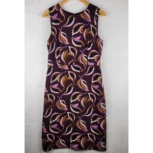 Sz 8 Ann Taylor Midi Dress Sleeveless Zip Purple Colorful Leaf Design Casual